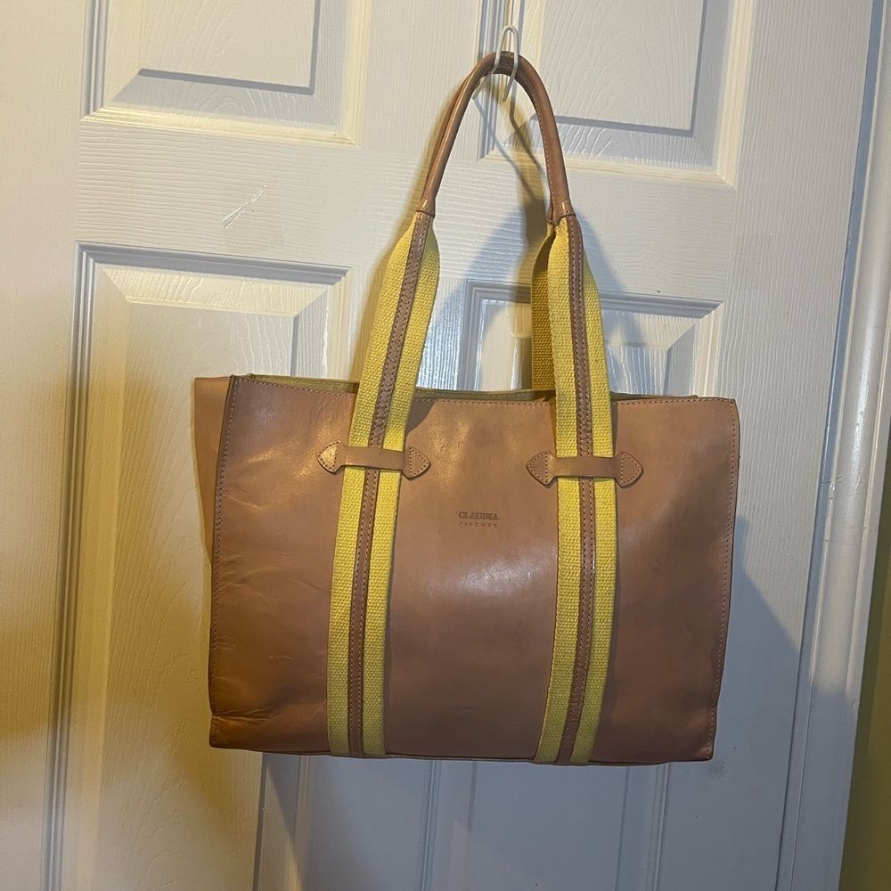 Claudia Firenze Made in Italy Nude Leather Tote W/ Dual yellow Canvas .